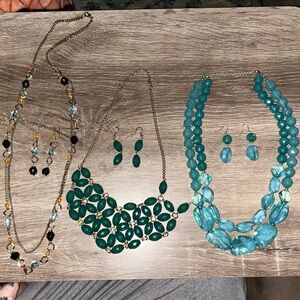 Elegant Green and Blue Statement Necklace Sets